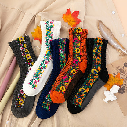 【5 pares】Calcetines largos retorcidos con estampado floral retro de algodón nuevos para otoño e invierno