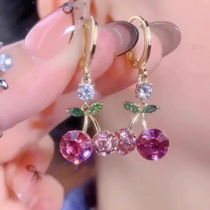 🍒 Conjunto de pendientes y collar con colgante de cristal de cereza rosa