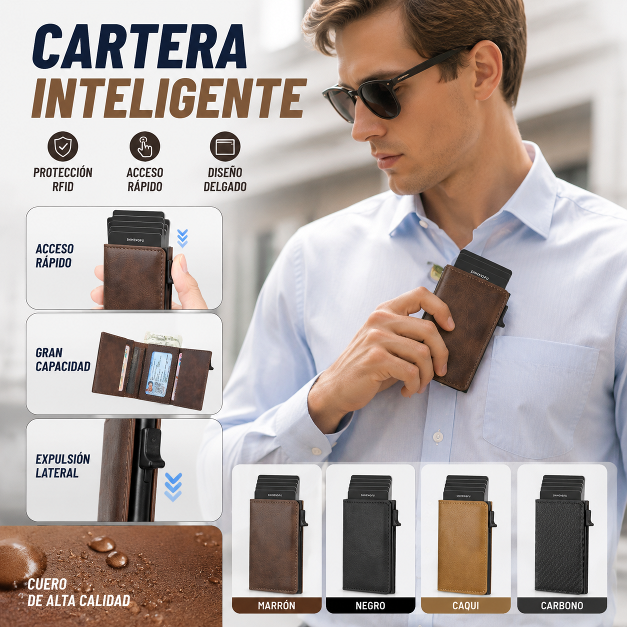 Tarjetero desplegable de aleación de aluminio con protección RFID antirrobo para hombre