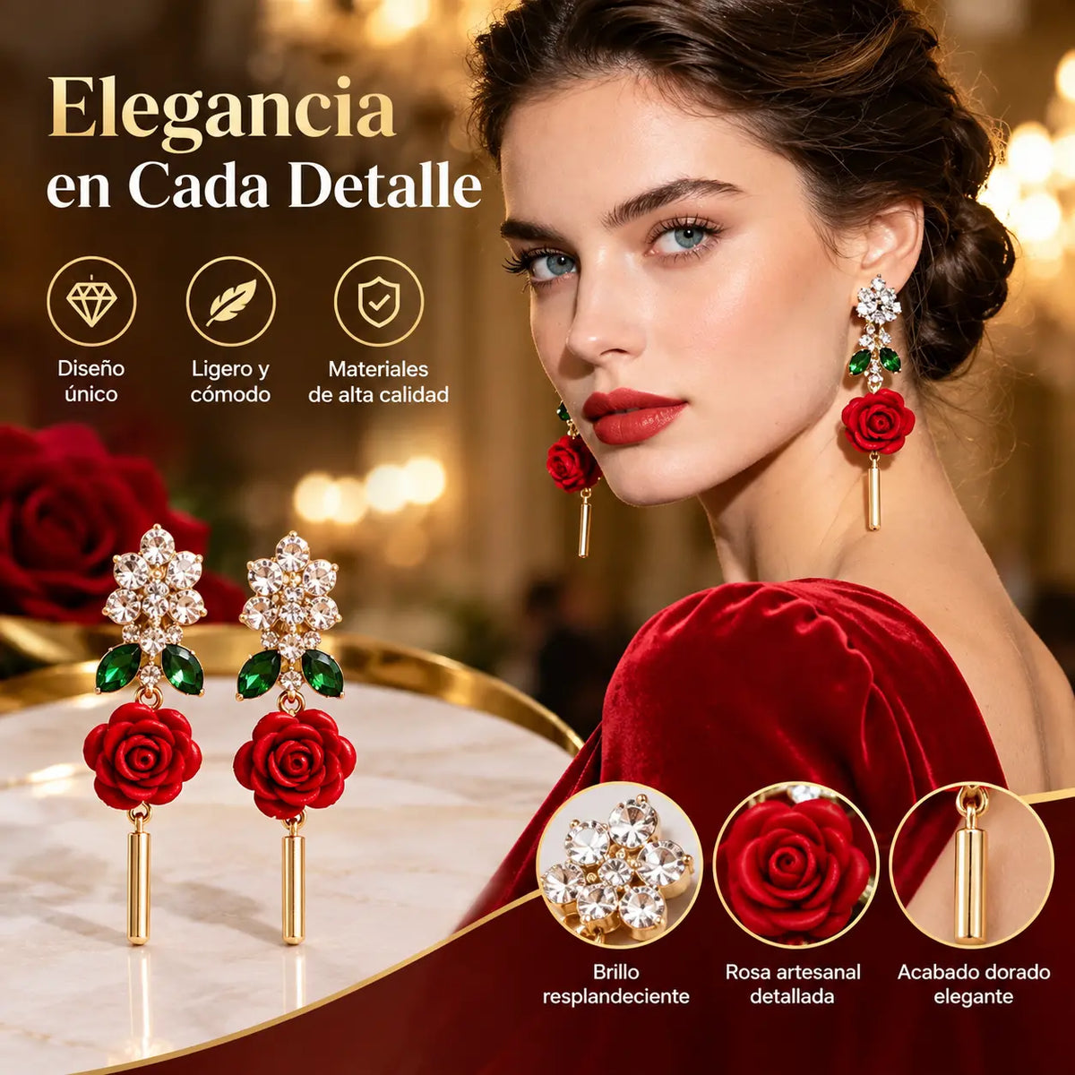 🌟【1 pares】🌹Pendientes de rosa roja con tallo de cristal