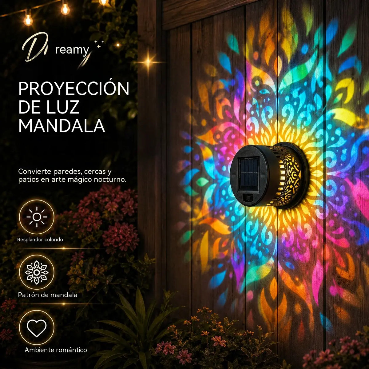 🌸🌙🔮Lámpara de pared con proyección de diseño de mandala para exteriores, alimentada por energía solar.