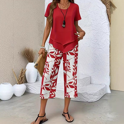 👗 ¡50% DE DESCUENTO AHORA! 🌿 Conjunto casual de túnica de cuello redondo y pantalones anchos con capas – Bajo asimétrico, pantalones estampados y transpirables ✨
