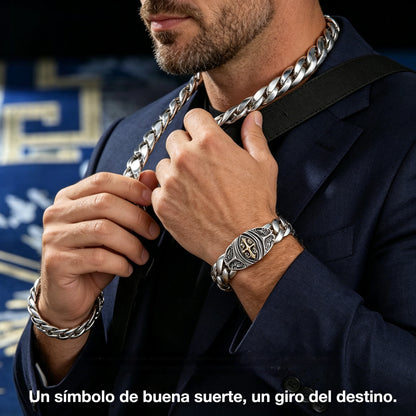 ✨【Hecho de plata de ley】🔥Pulsera vintage con patrón de la suerte para hombre, estilo punk urbano, hecha a mano, apariencia única