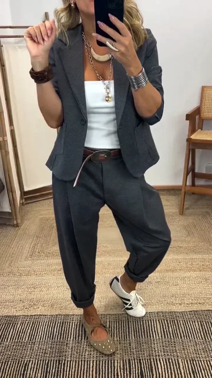 💎50% de descuento por tiempo limitado💎Conjunto de chaqueta y pantalón para mujer con solapas - Corte ajustado, tejido suave👖✨【40-100 kg】