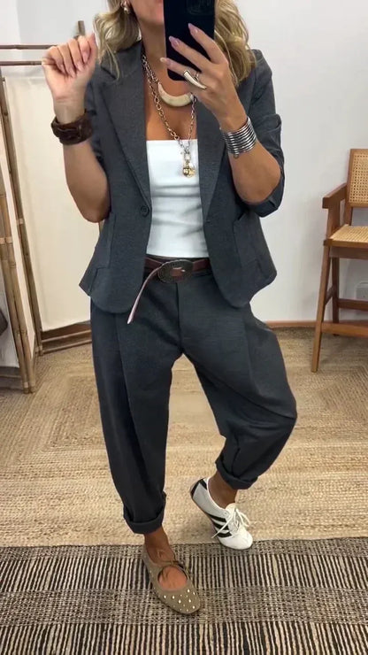💎50% de descuento por tiempo limitado💎Conjunto de chaqueta y pantalón para mujer con solapas - Corte ajustado, tejido suave👖✨【40-100 kg】