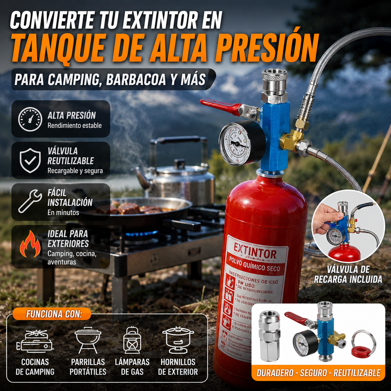 👍👍Conversión de botella extintora de incendios casera a cilindro de gas para gran altitud, cilindro de gas para acampar al aire libre y picnic, válvula de gas recargable.