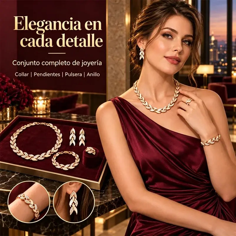 ✨💎 Set de Joyas de 4 Piezas para Mujer | Collar, Pulsera, Anillo y Pendientes con Diseño de Hojas y Circonitas
