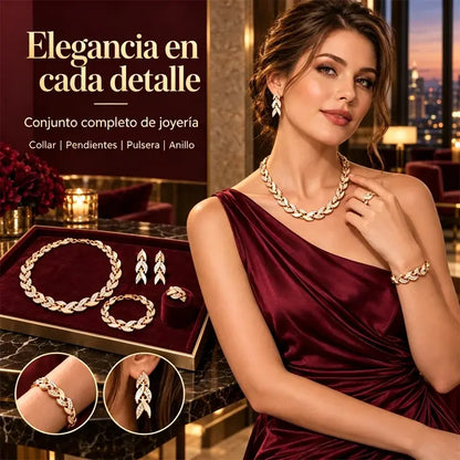 ✨💎 Set de Joyas de 4 Piezas para Mujer | Collar, Pulsera, Anillo y Pendientes con Diseño de Hojas y Circonitas