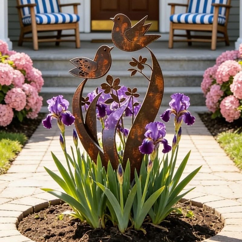 Estaca de metal rústica para jardín con diseño de pájaros y flores