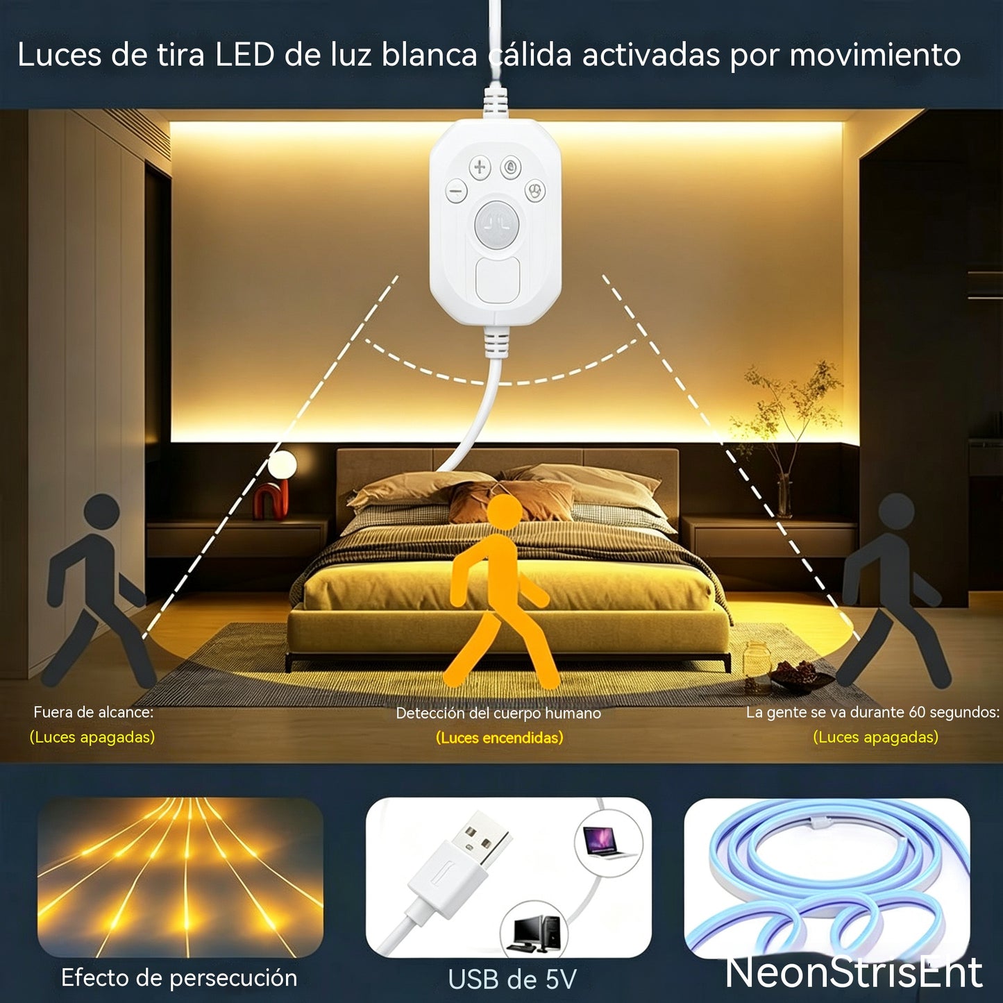 【2M】Tira de luces LED con sensor inteligente y sistema de iluminación automática, con adhesivo USB, ideal para cocinas, dormitorios y escaleras.