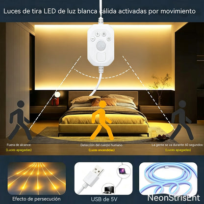 【2M】Tira de luces LED con sensor inteligente y sistema de iluminación automática, con adhesivo USB, ideal para cocinas, dormitorios y escaleras.