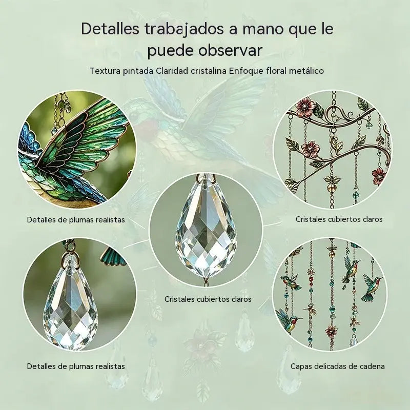 🐦Campanilla de viento de cristal con colibrí y diseño pintado de estilo retro.