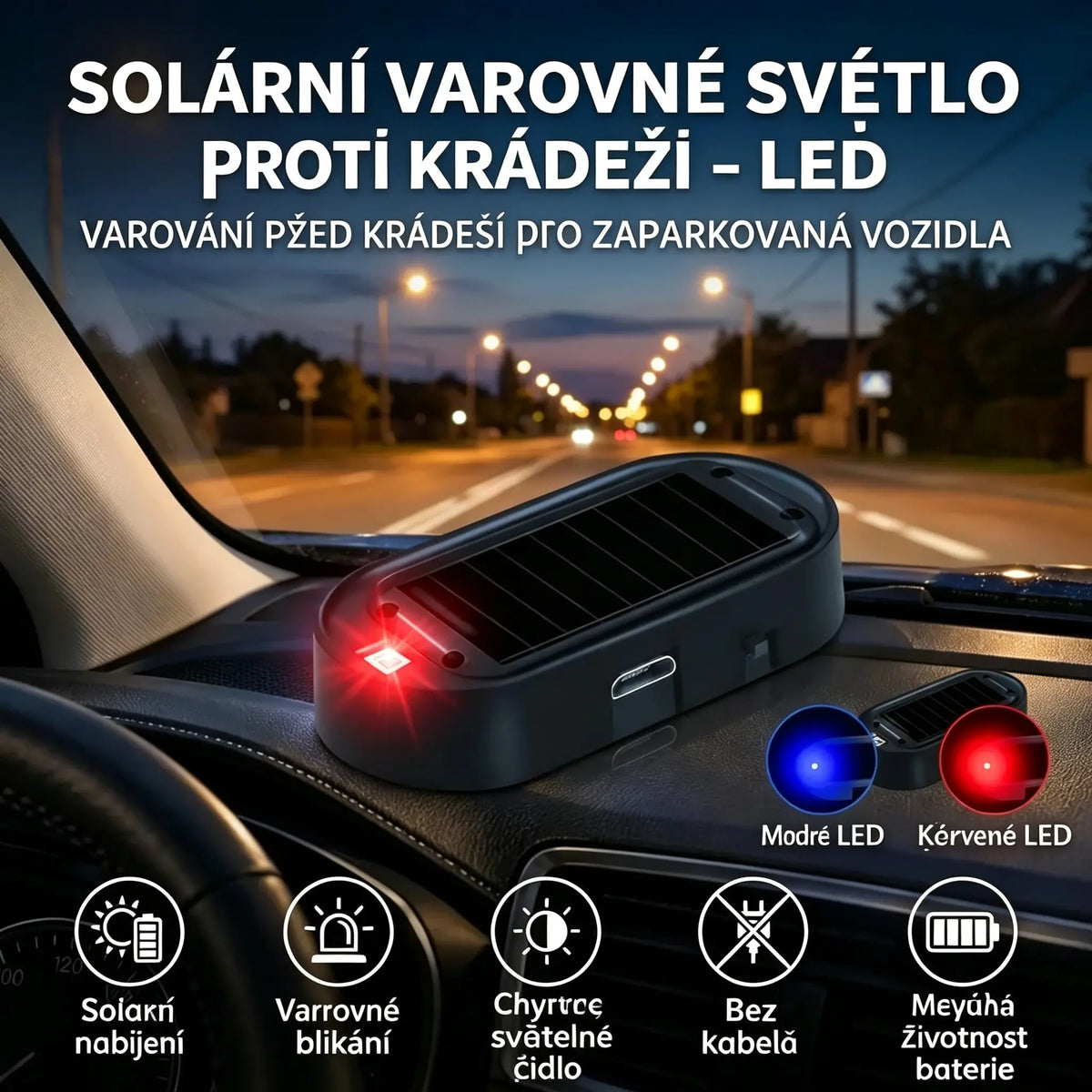 🎁4 kus 580 Kč🚗💥 Kompaktní solární LED výstražné světlo proti krádeži