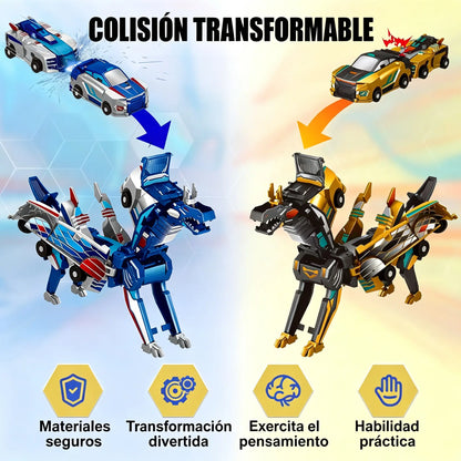 💥Los dos coches chocaron, se deformaron y se fusionaron en un robot Dragón de Alas Plateadas.