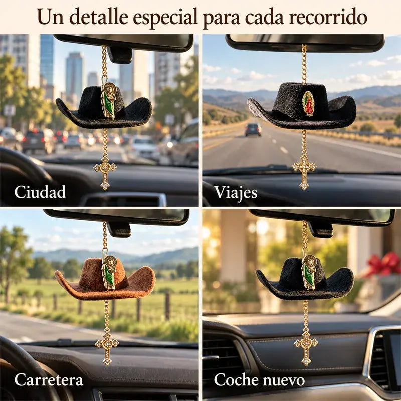 🤠✝️ Colgante para Coche con Sombrero Vaquero y Cruz | Decoración para Espejo Retrovisor con Cordón