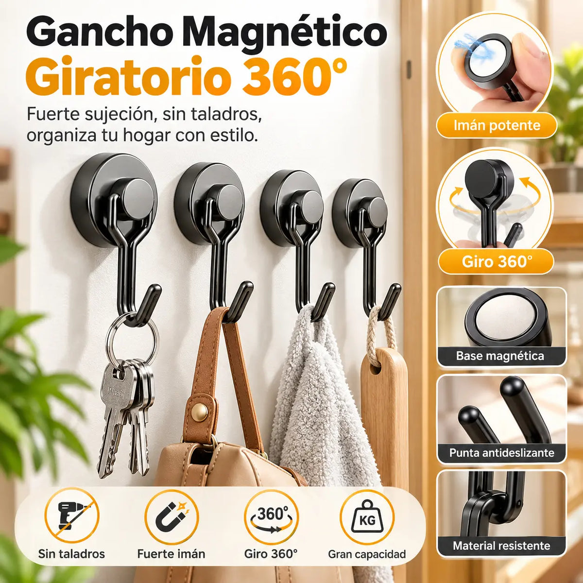 🔥【10 piezas】✨Gancho metálico magnético sin necesidad de taladrar, capacidad de carga máxima de 18 kg.