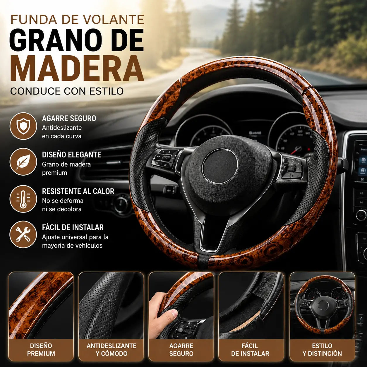 【1 juego de 3 piezas】 Funda antideslizante para volante de coche con vetas de madera