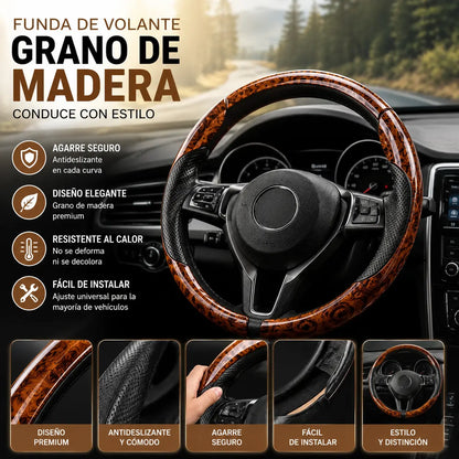 【1 juego de 3 piezas】 Funda antideslizante para volante de coche con vetas de madera