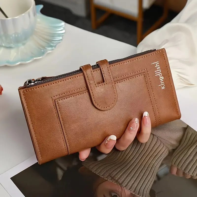 Cartera de mujer con doble cremallera y ranuras para múltiples tarjetas, de cuero genuino retro