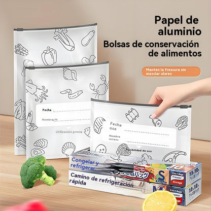 🥩🔥【30 pequeñas + 30 medianas + 30 grandes】90 bolsas -Bolsa Sellada de Papel de Aluminio de Grado Alimenticio con Cremallera para Conservar la Frescura para Uso en Refrigeradores Domésticos