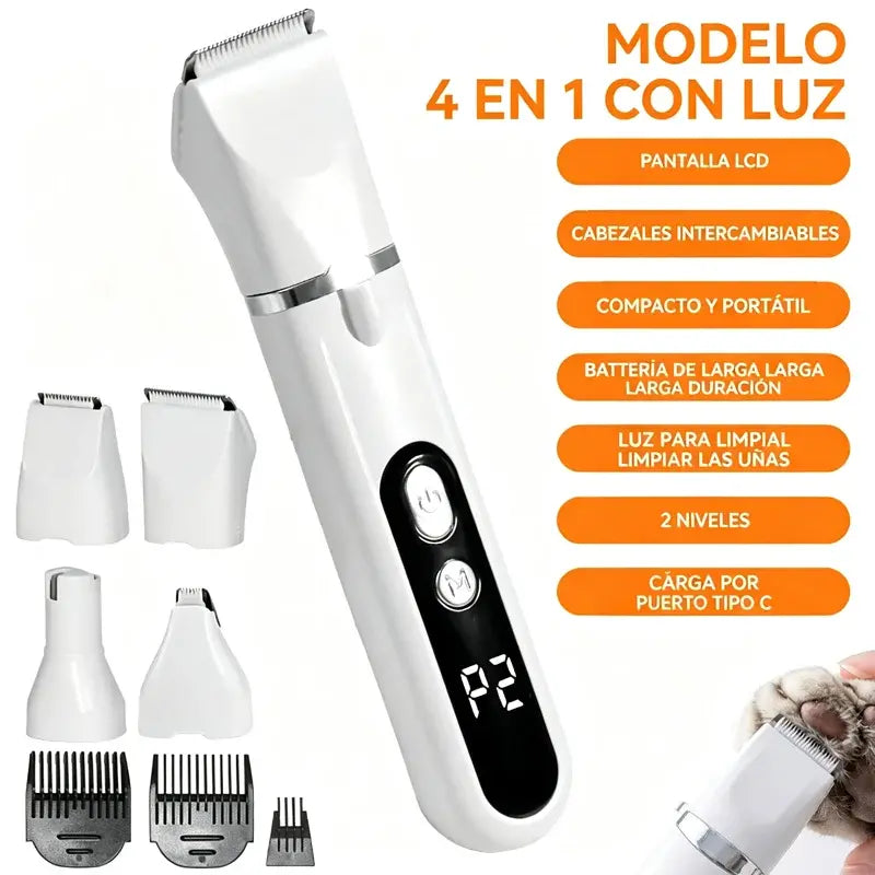 Cortapelos para Mascotas 4 en 1 con Lima de Uñas | Recortadora USB Recargable para Perros y Gatos | Cuchillas Intercambiables para Pelo, Patas, Cara y Uñas