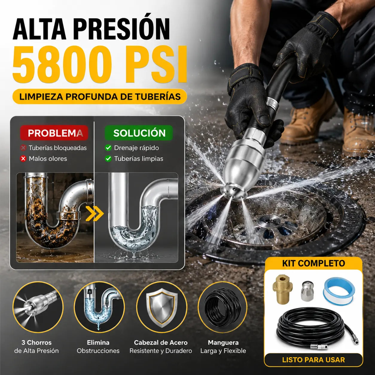 Limpiador de tuberías multifuncional de alta presión / equipado con boquilla de alta presión y manguera larga / utilizado para desatascar tuberías de desagüe y eliminar obstrucciones.