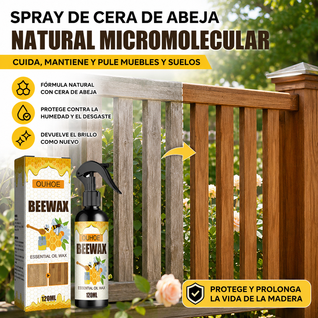 [50%OFF] 🔥Spray de cera de abeja natural micromolecular para el cuidado de muebles, mantenimiento y pulido de suelos.