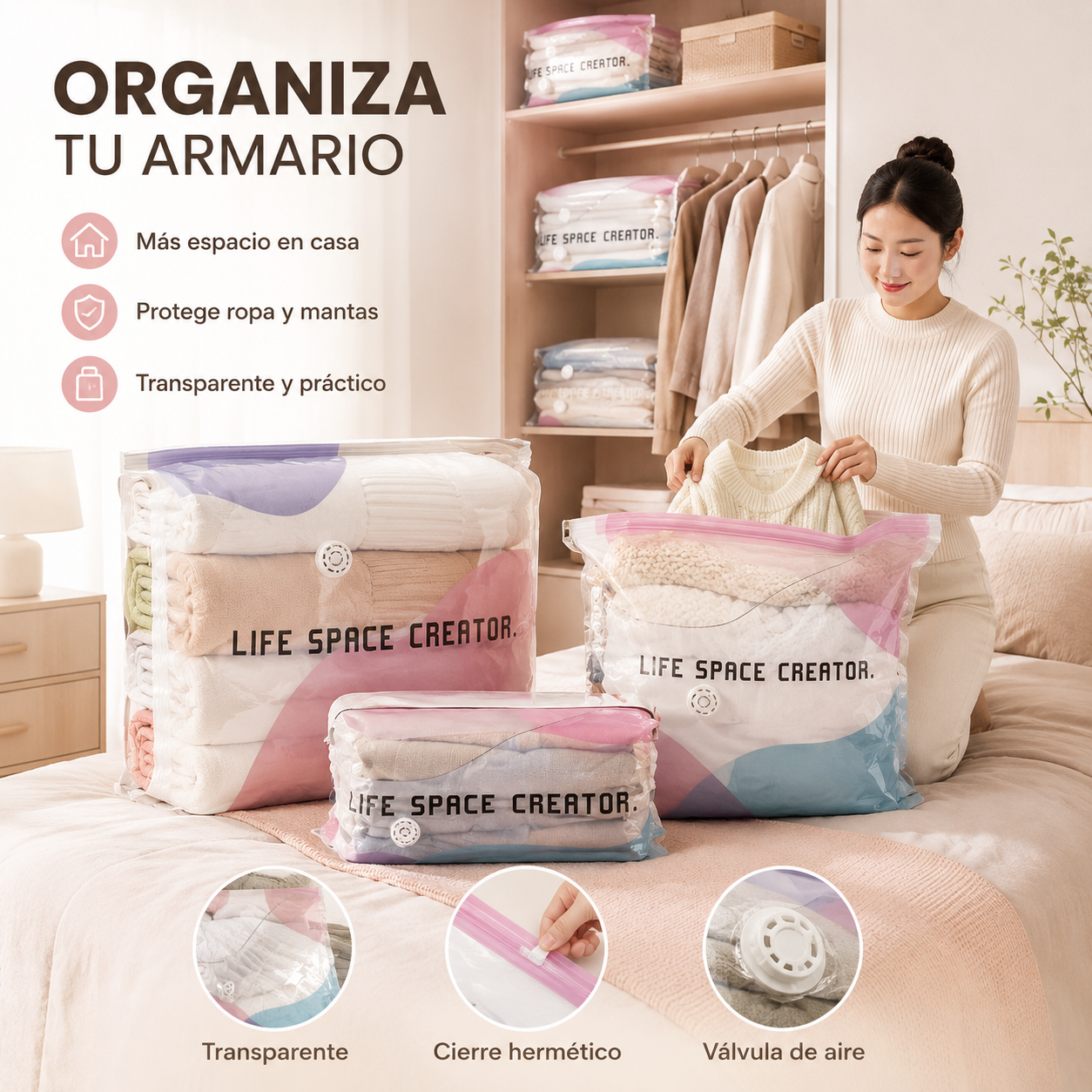 🧳【Juego de 5 piezas】💨 Bolsa de almacenamiento al vacío grande y compresible: no requiere bomba, es a prueba de fugas e ideal para ahorrar espacio en maletas y en casa ✈️