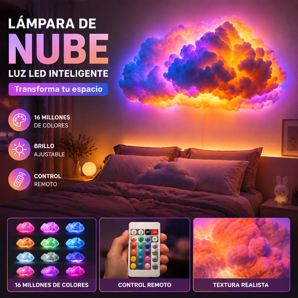 Lámpara LED RGB inteligente con forma de nube, decoración personalizada, brillo ajustable, control remoto, decoración moderna para el dormitorio.