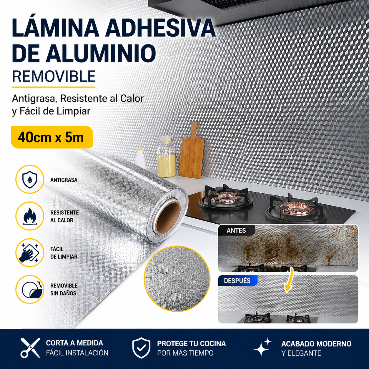 【40cm*5m】🛡️ Lámina Adhesiva de Aluminio Removible – Antigrasa, Resistente al Calor y Fácil de Limpiar