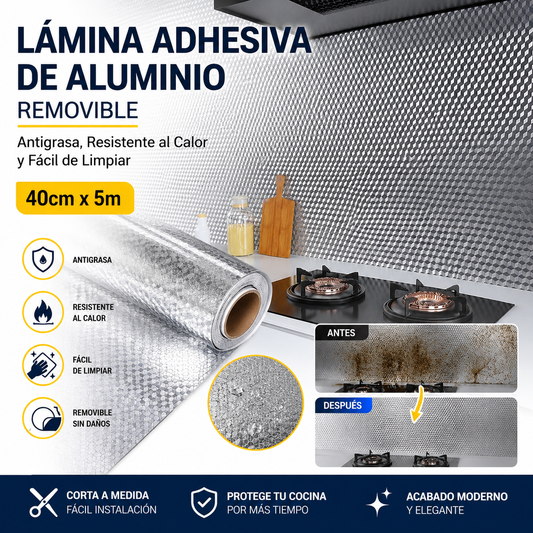 【40cm*5m】🛡️ Lámina Adhesiva de Aluminio Removible – Antigrasa, Resistente al Calor y Fácil de Limpiar