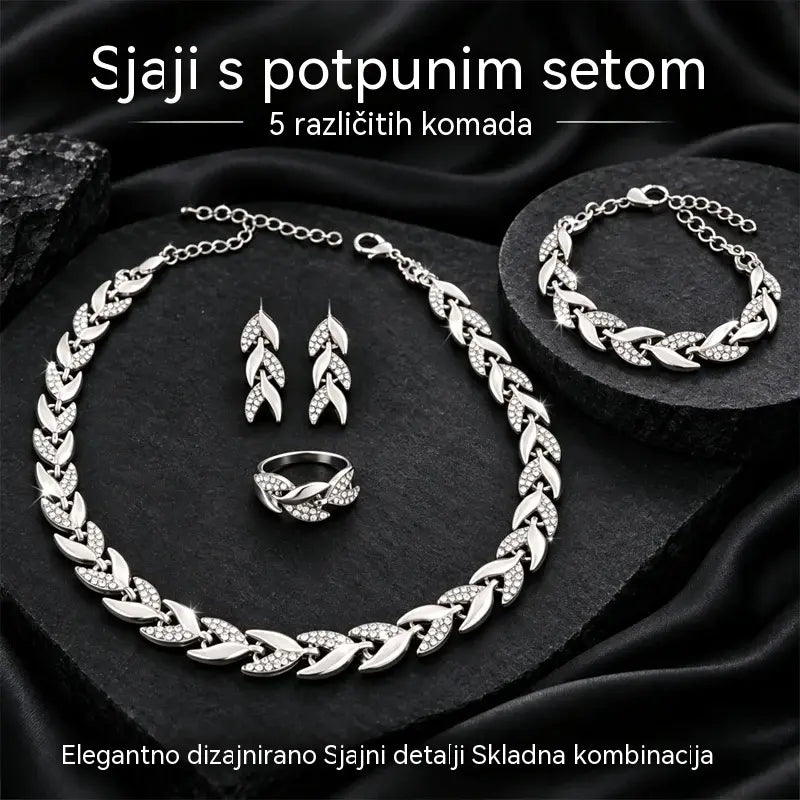 ✨💎 Ženski set nakita od 4 dijela | Ogrlica, narukvica, prsten i naušnice s motivom lista i kubičnim cirkonima