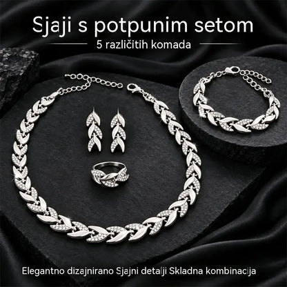 ✨💎 Ženski set nakita od 4 dijela | Ogrlica, narukvica, prsten i naušnice s motivom lista i kubičnim cirkonima