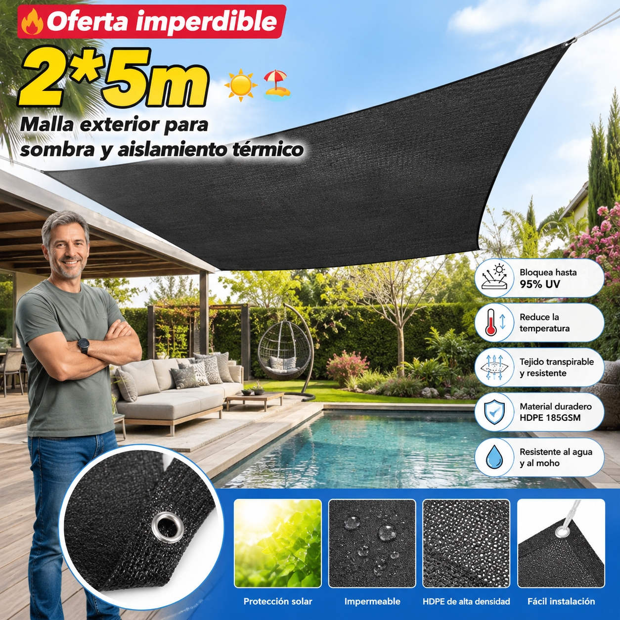 🏆【🔥Oferta imperdible】☀️⛱️【2*5m】Malla exterior para sombra y aislamiento térmico