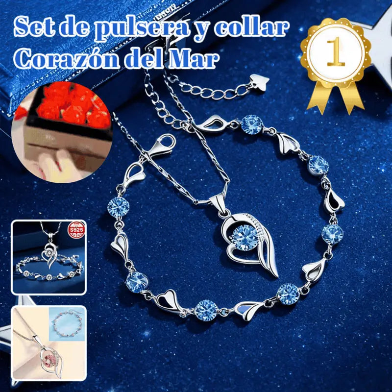 🥰【1 juego：Pulsera + collar】✨Conjunto de pulsera y collar de plata de ley 925 Corazón del Océano