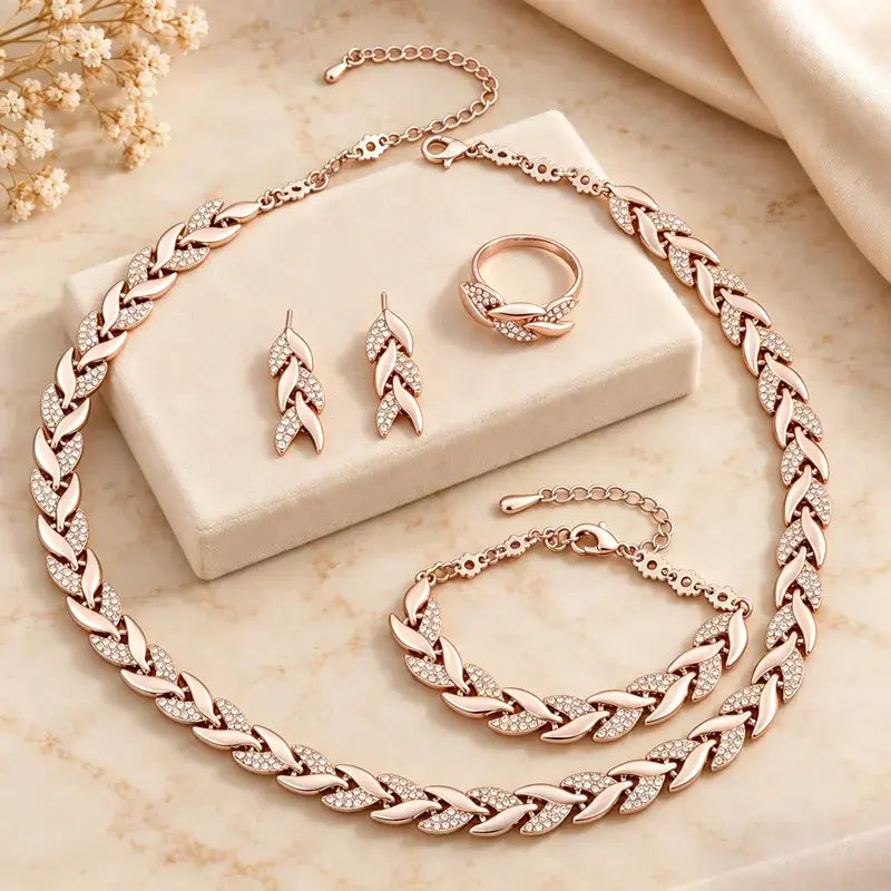 ✨💎 Set de Joyas de 4 Piezas para Mujer | Collar, Pulsera, Anillo y Pendientes con Diseño de Hojas y Circonitas