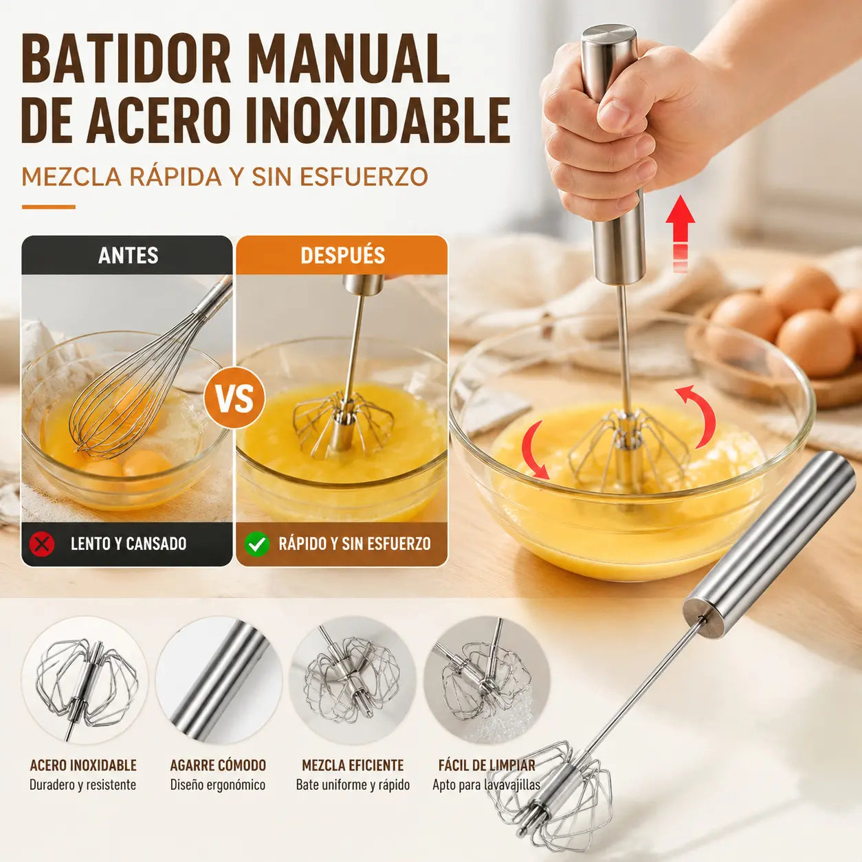 【 Conjunto de 3 piezas】Batidor de huevos semiautomático de acero inoxidable