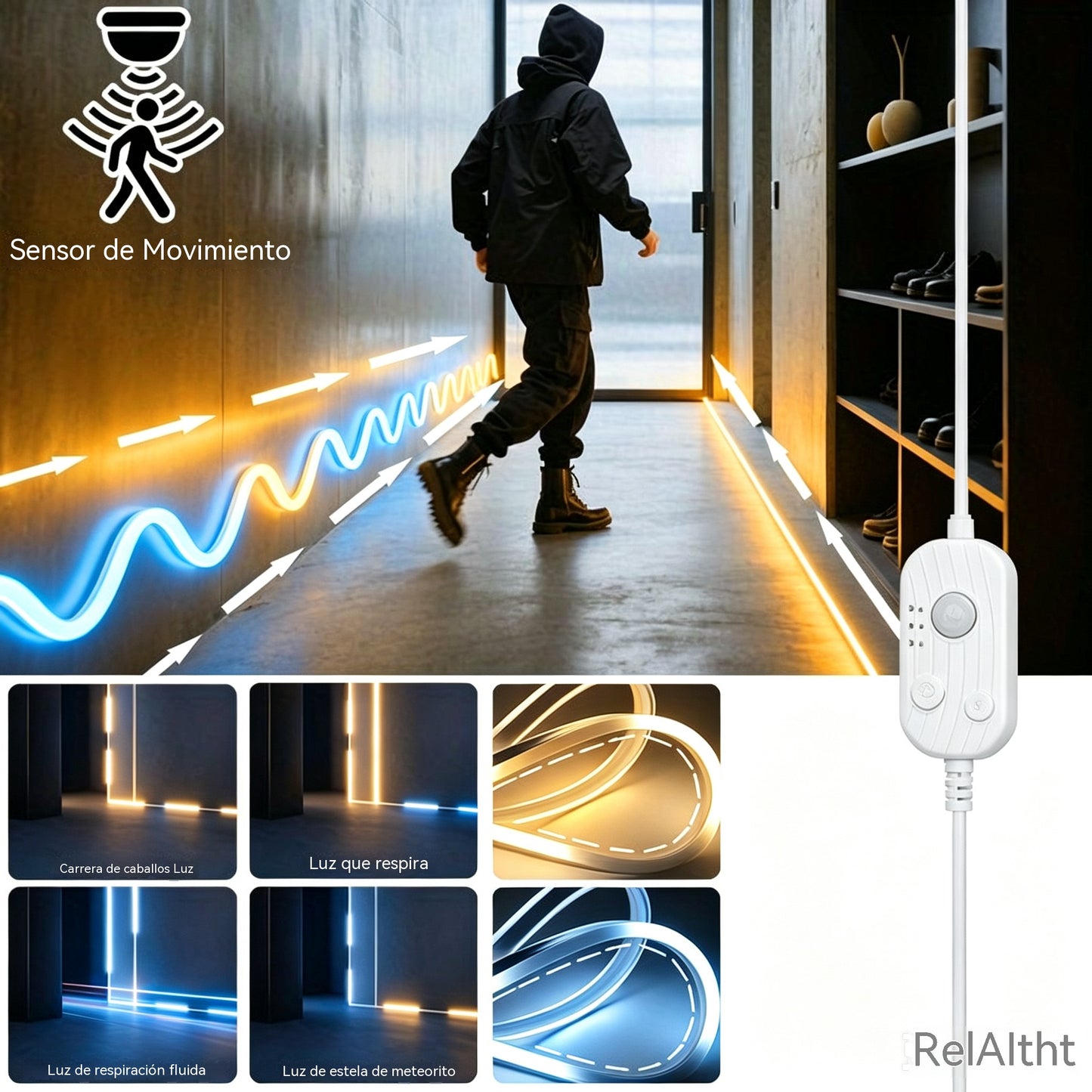 【2M】Tira de luces LED con sensor inteligente y sistema de iluminación automática, con adhesivo USB, ideal para cocinas, dormitorios y escaleras.