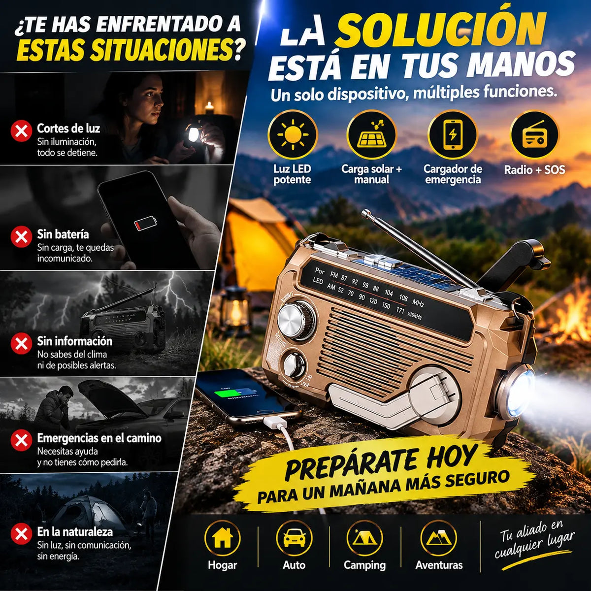 🔦 Radio de emergencia portátil con carga manual y luz LED