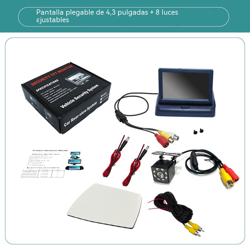 【Kit completo】Pantalla plegable de 4,3 pulgadas para cámara de marcha atrás para coche — [Pantalla para cámara de marcha atrás + Cámara + Cable de conexión]