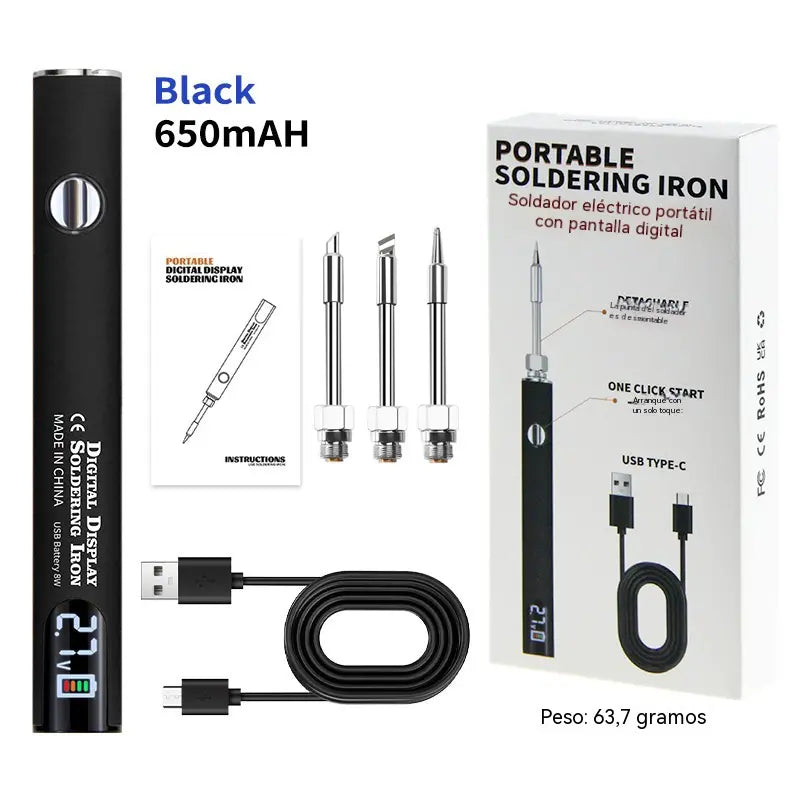 Soldador USB inalámbrico con pantalla digital, temperatura ajustable, calentamiento rápido e indicador de encendido; una herramienta electrónica para reparaciones.