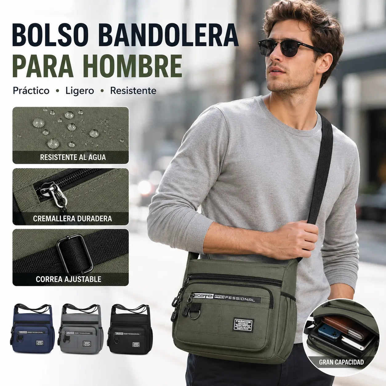 Bolso bandolera impermeable para hombre: gran capacidad, ligero y duradero, correa de hombro ajustable, con capacidad para un teléfono, cartera y tableta.