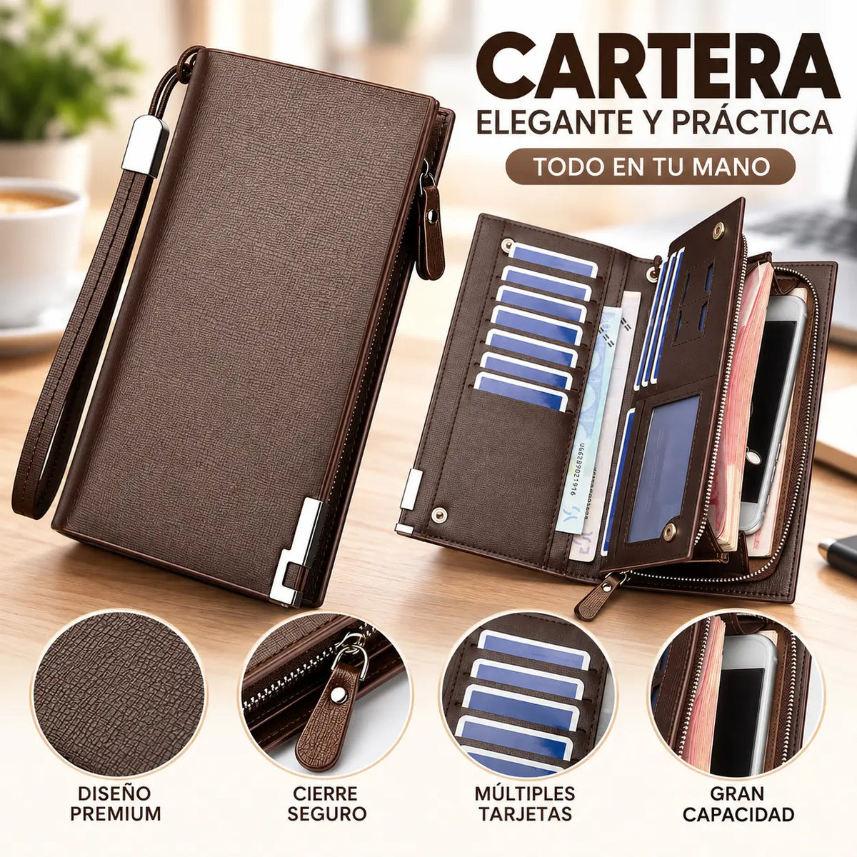 Nueva cartera larga para hombre con múltiples capas y ranuras para varias tarjetas.