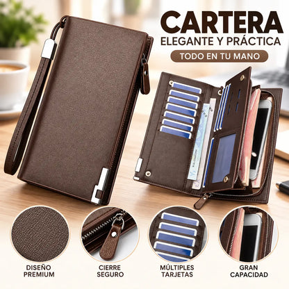 Nueva cartera larga para hombre con múltiples capas y ranuras para varias tarjetas.