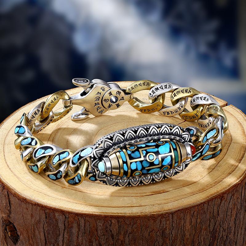 🔥Más vendido ✨ Pulsera retro de plata 925, de seis cifras, turquesa, con mantras y cuentas transferibles