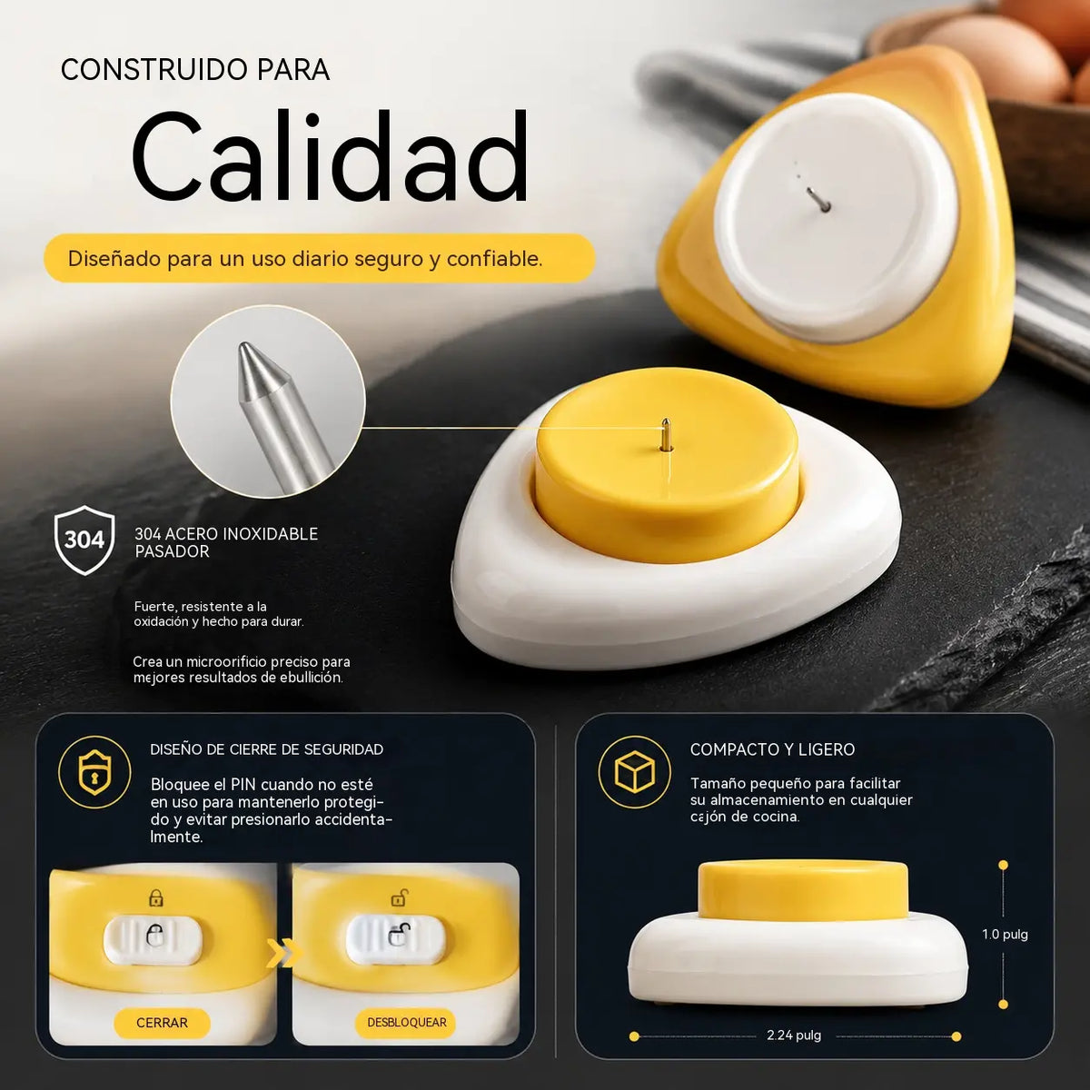 (Paquete de 2) 🥚 Perforador de huevos – Cuece huevos a la perfección fácilmente – Cuenta con cierre de seguridad y fabricación en acero inoxidable 304.
