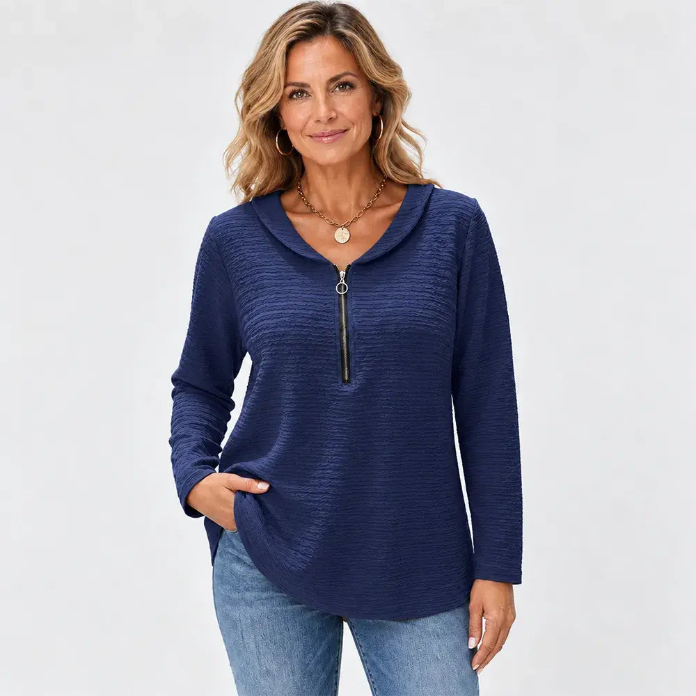 ✨【S–5XL / 5 barev】Jednobarevný dámský top se stylovým plisováním, límcem typu Peter Pan, zapínáním na zip a klasickým střihem ramen.