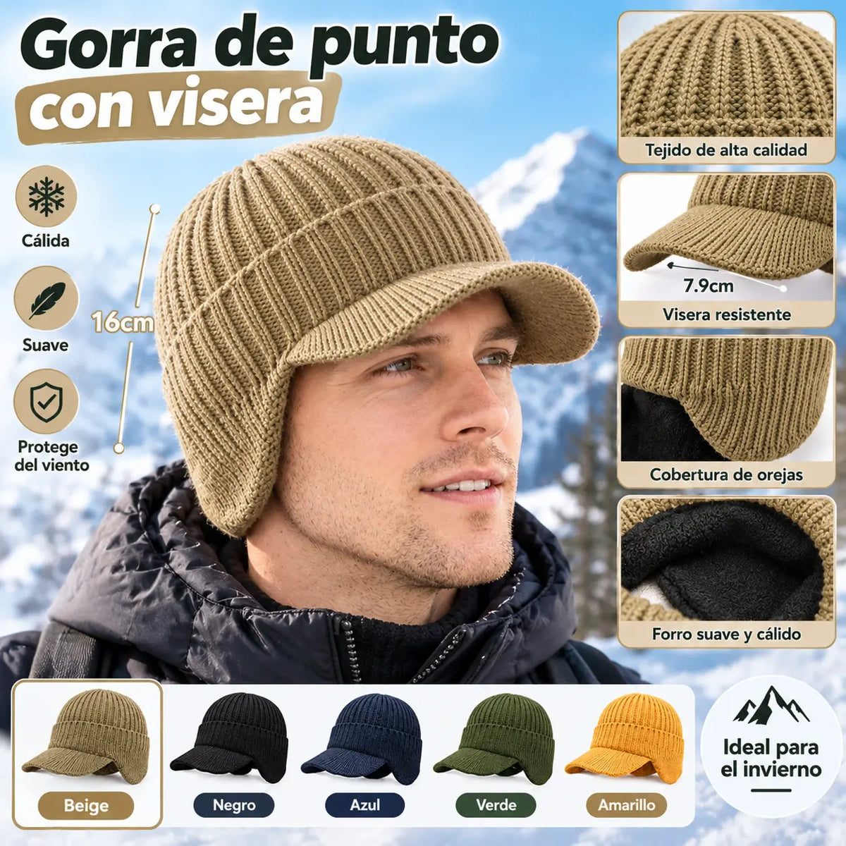Gorro de punto cálido de invierno para hombre con orejeras.