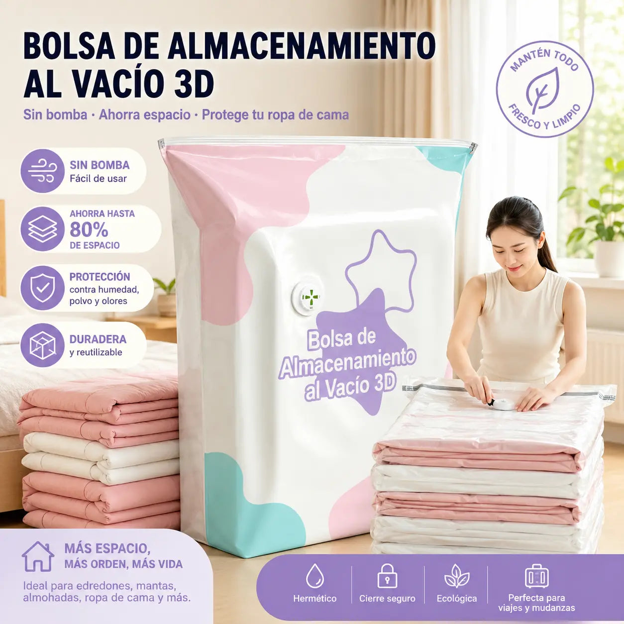 【Juego de 5 piezas】Bolsa de almacenamiento al vacío grande y compresible: no requiere bomba, es a prueba de fugas e ideal para ahorrar espacio en maletas y en casa