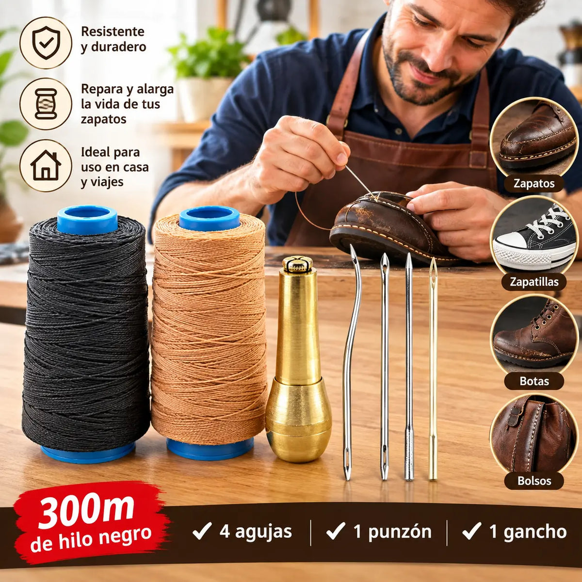 ✨¡50% DE DESCUENTO AHORA!✨ Juego de 5 piezas de lezna para coser cuero con hilo encerado: herramientas de costura manual para marroquinería.